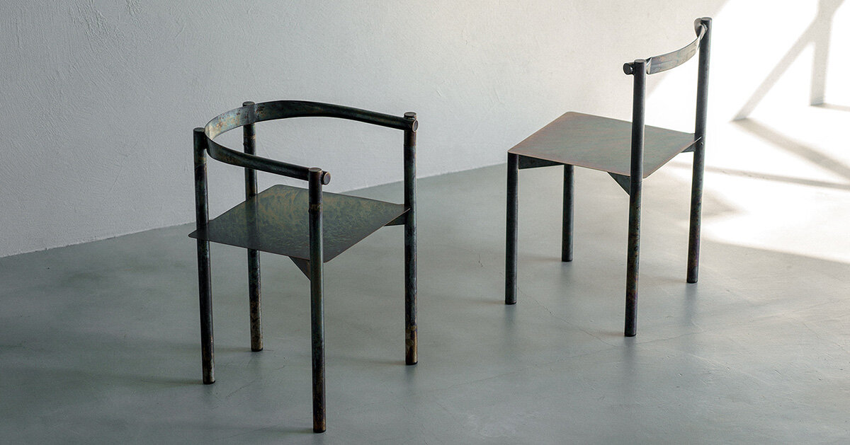 flattened piping becomes linear backrest in masaya kawamoto’s oxidized steel chair