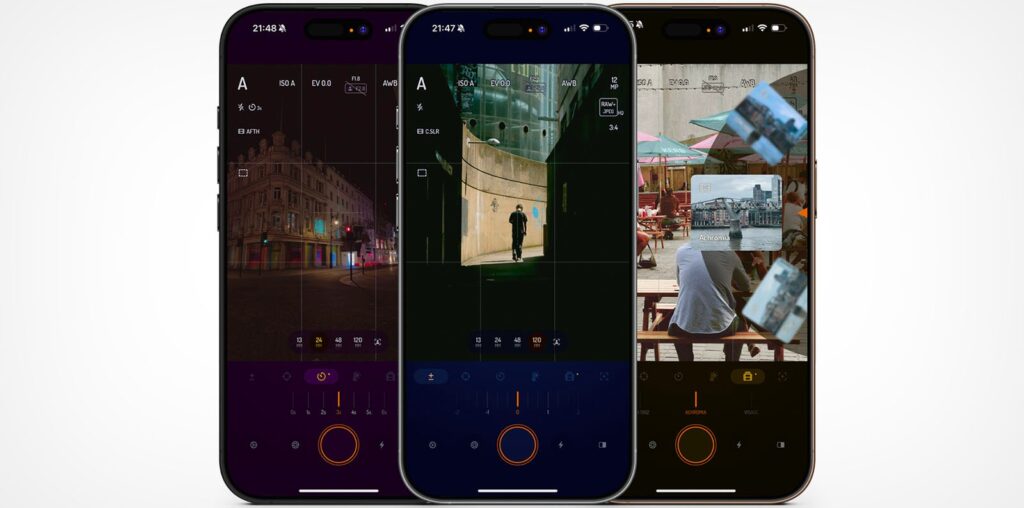 Three smartphone screens display a photography app interface. The screens show images of urban scenes with various settings visible, including a dimly lit street, a person in a tunnel, and people at a cafe. The app's controls and icons are also shown.