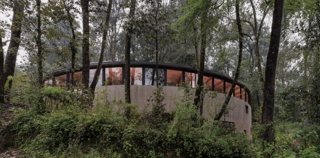 ring structure of casa girasol channels sunlight amid pine forest in mexico